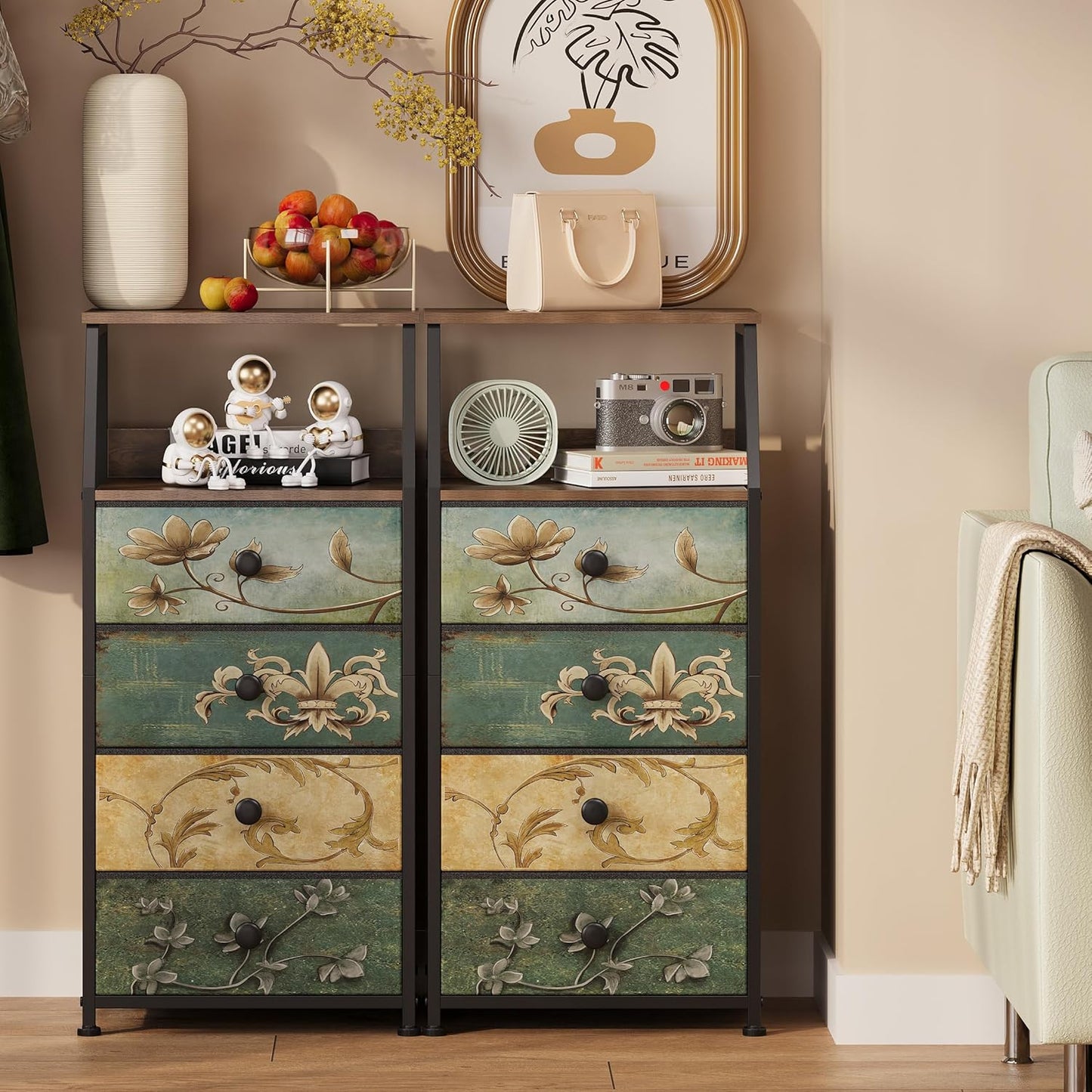 Tohomeor Dresser with Fabric Drawers Nightstand with 2 Tier Shelf Storage Tower for Bedroom Hallway Entryway Closet Organizer Sofa Beside Table Furniture (Multi, 4 Drawers)