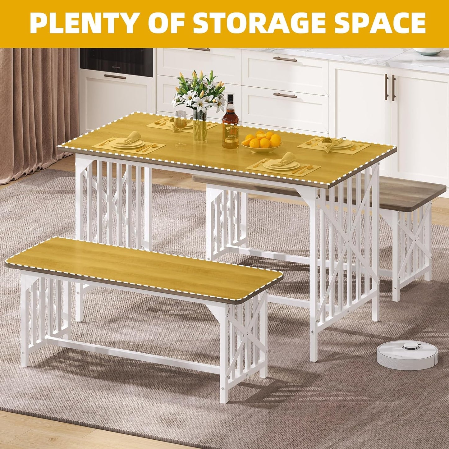 DWVO 3-Piece Kitchen Table with 2 Bench 47.2 Inch Dining Table Set for 4 People Bench Dining Table Set Industrial Rectangular Dining Room Table Set with Storage for Kitchen Dining Room Grey