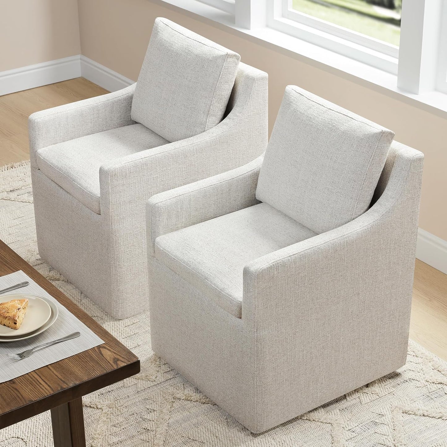 Upholstered Dining Chairs with Casters Easy Assembly Modern Accent Armchair with Rollers for Diningroom Bedroom Livingroom Reading Room,Linen,2 Boxs