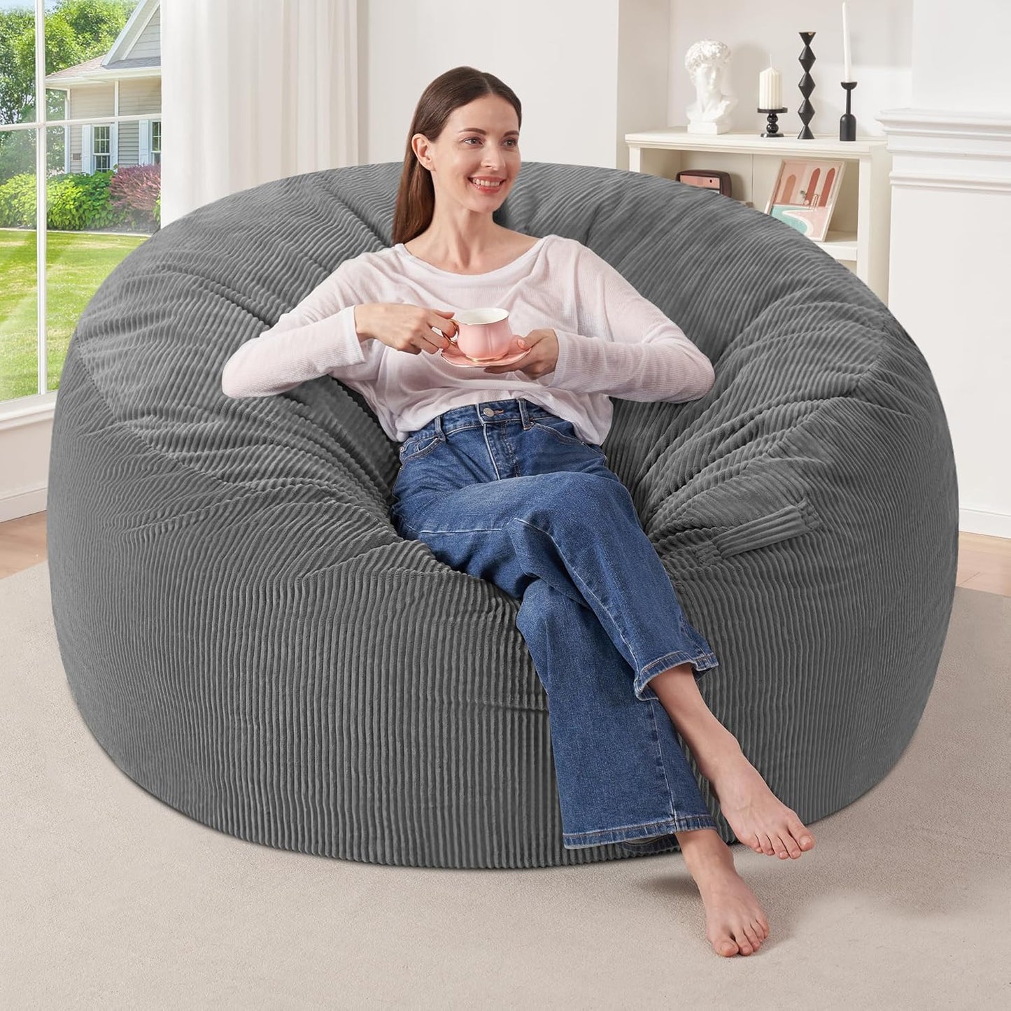 HABUTWAY 4FT Bean Bag Chair,Giant Bean Bag Chairs for Adults,Big Bean Bags with Memory Foam Filled, Large Beanbag Chairs with Soft Corduroy Cover-Grey