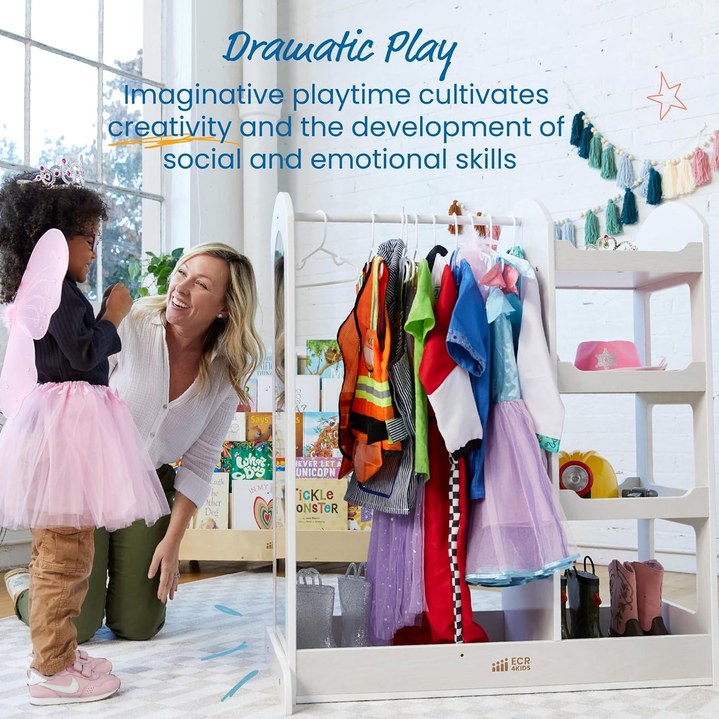ECR4Kids Dress Up Center with Mirror, Costume Organizer, White Wash