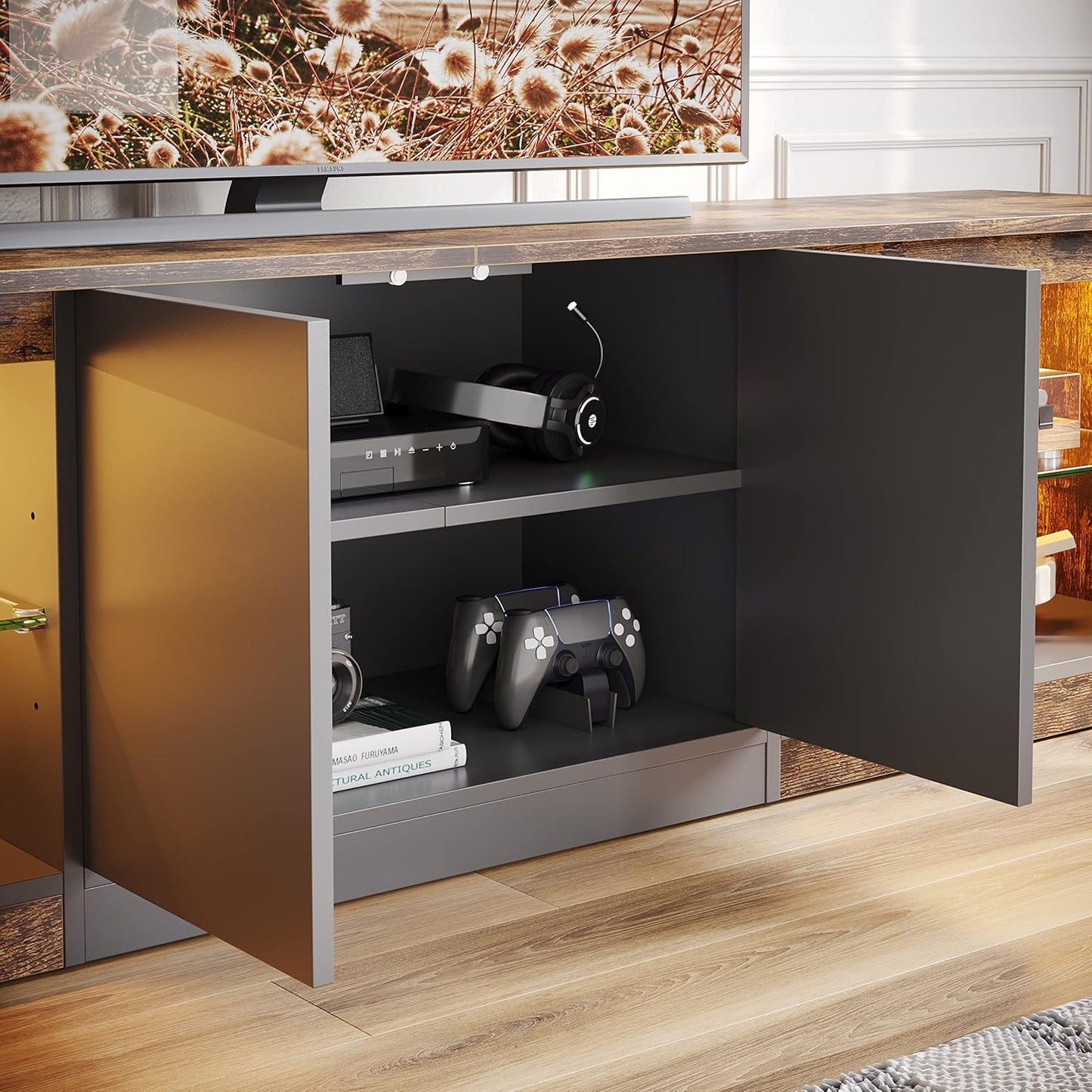 Bestier 70 Inch Led TV Stand for Large TVs - Modern Rustic Brown Entertainment Center with Adjustable Glass Shelves, Two Cabinets, 22 RGB Modes for Living Room Gaming