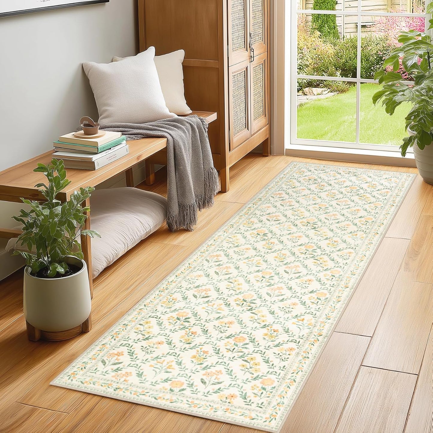Runner Rug for Entryway: 2x6 Kitchen Rugs Non Slip Washable Ultra-Thin Soft Floral Carpet Indoor Floor Stain Resistant Carpets for Hallway Bedroom Kitchen Laundry Bathroom Dorm Beige/Multi