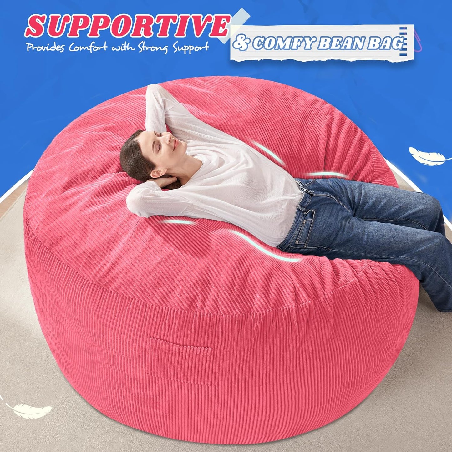 HABUTWAY 5FT Bean Bag Chair,Giant Bean Bag Chairs for Adults,Big Bean Bags with Memory Foam Filled, Large Beanbag Chairs with Soft Corduroy Cover-Pink