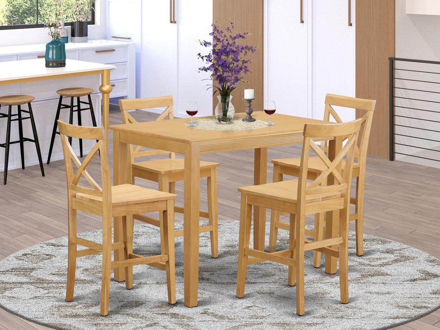 East West Furniture YAPB5-OAK-W 5 Piece Kitchen Counter Set Includes a Rectangle Dining Room Table and 4 Dining Chairs, 30x48 Inch, Oak