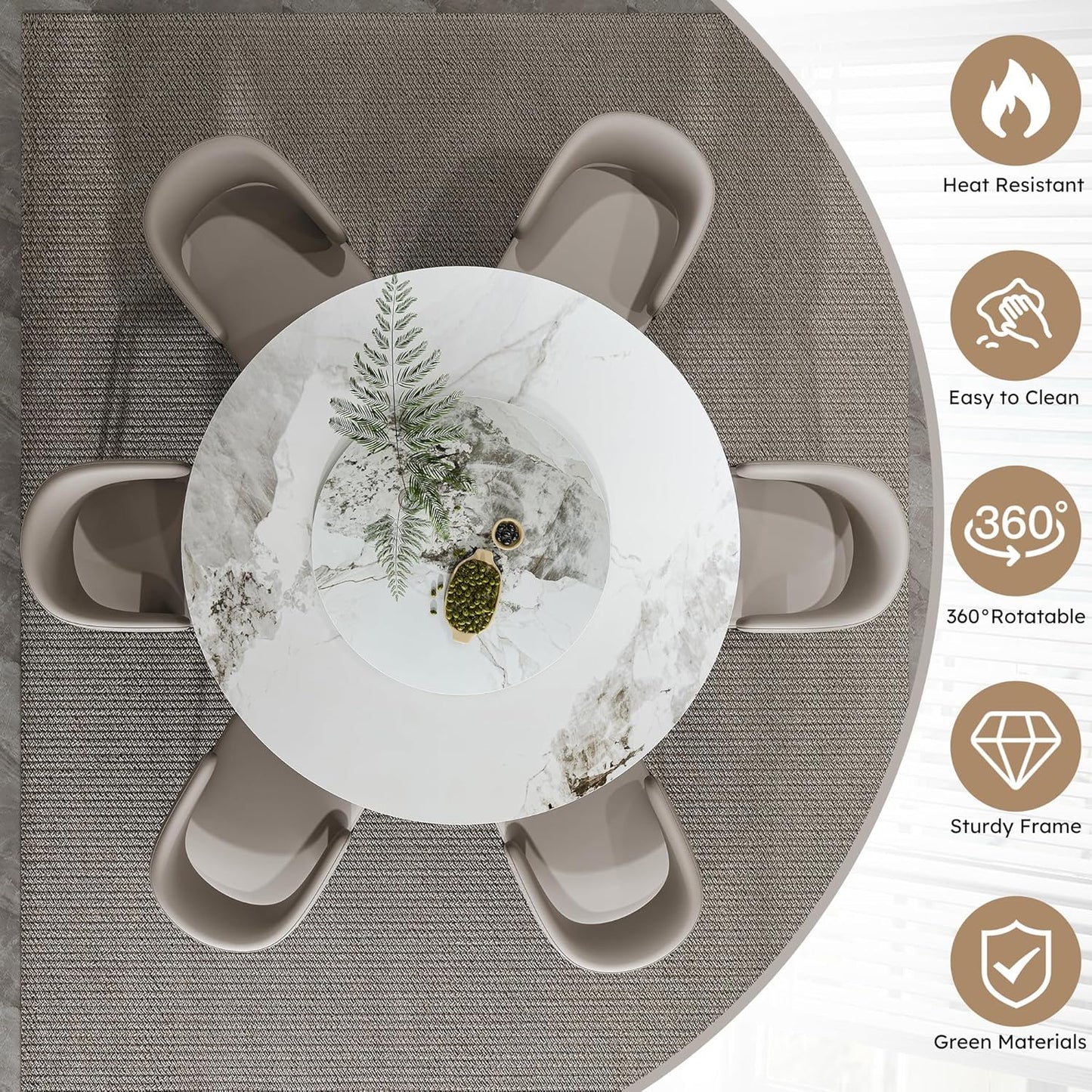 Ball & Cast 7-Piece Dining Set,Faux Marble Table with Detachable Rotating Tray & 6 PU Leather Chairs,Modern Kitchen Dining Room Table Set w/Stainless Steel Base,for Restaurant & Home,Grey