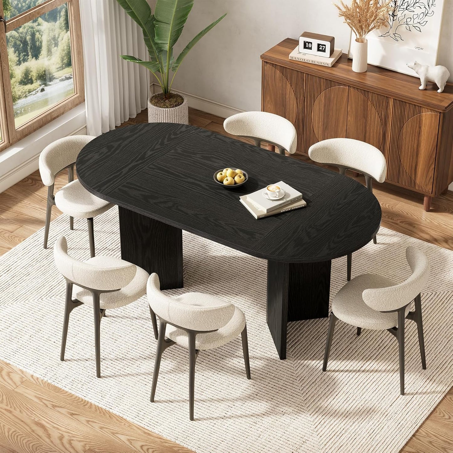 LITTLE TREE 63" Rustic Oval Dining Table for 4-6, Sturdy MDF Farmhouse Kitchen Table with Metal Strip Base, for Living Room, Office, Restaurant, Multi-Use, Black