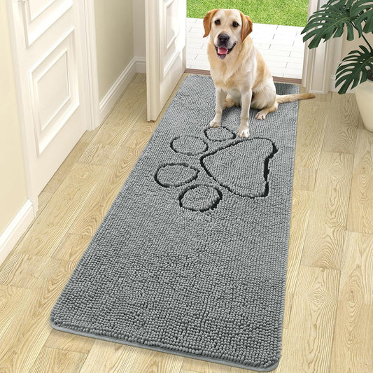 OLANLY Door Mat for Muddy Dog Paws 70x24, Ultra Absorbent Chenille Mud Doormat with Paw Print Design, Non-Slip Washable Doormat for Indoor Entryway, Quick-Dry Pet Bed Mats for Dirty Dogs, Grey