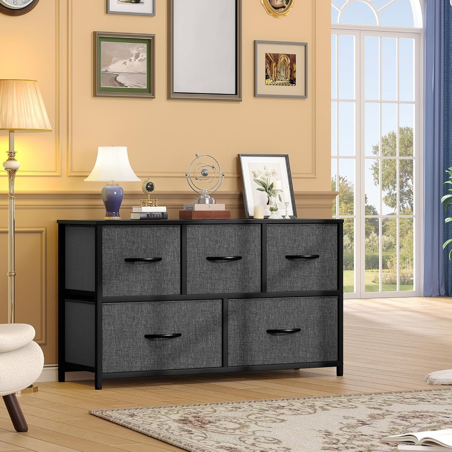 DWVO Dresser with 5 Drawers - Fabric Storage Tower, Black Dresser & Chest of Drawers, Organizer Unit for Bedroom