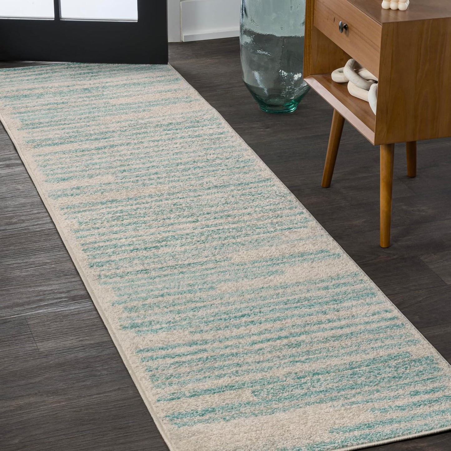 JONATHAN Y Khalil Modern Berber Stripe Cream/Turquoise Runner Rug, 2x8, Contemporary, Bohemian, Easy-Cleaning for Living Room, Bedroom, Kitchen, Pet Friendly, Non-Shedding (MOH207B-28)