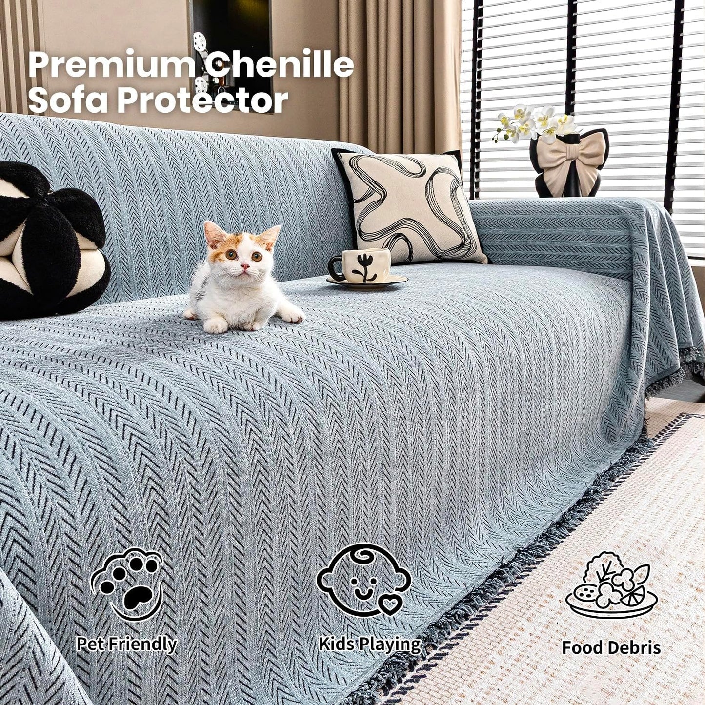 Nobildonna Sofa Cover Washable Soft Thicken Chenille Couch Cover with Tassel,Waterproof Sofa Slipcover for 3-4 Cushion Couch,Sectional Sofa,L-Shaped Furniture Protector Pet-Friendly,Dusty Blue71 x134