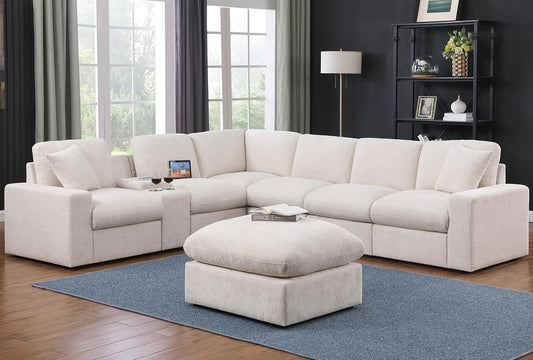 127" Modular Sectional Sofa,Modern Oversized Cloud Couch with Cup Holder&USB Port,7 Seater Convertible L-Shaped Chenille Sofas W/Ottoman,2 Pillows&Storage Box,Comfy Couches for Living Room,Beige