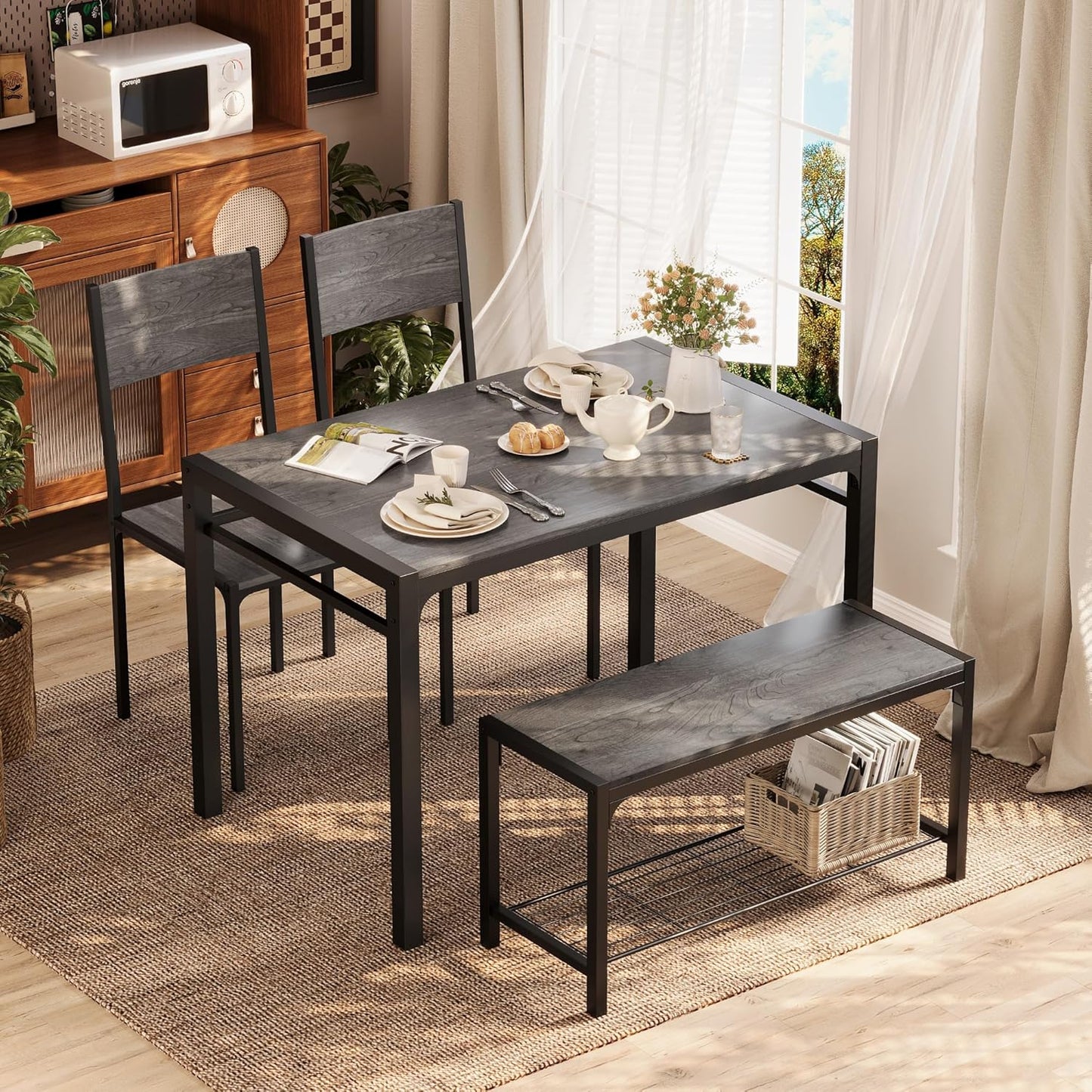 Shahoo Kitchen Table and 2 Chairs for 4 with Bench, 4 Piece Dining Sets for Small Space, Dark Grey