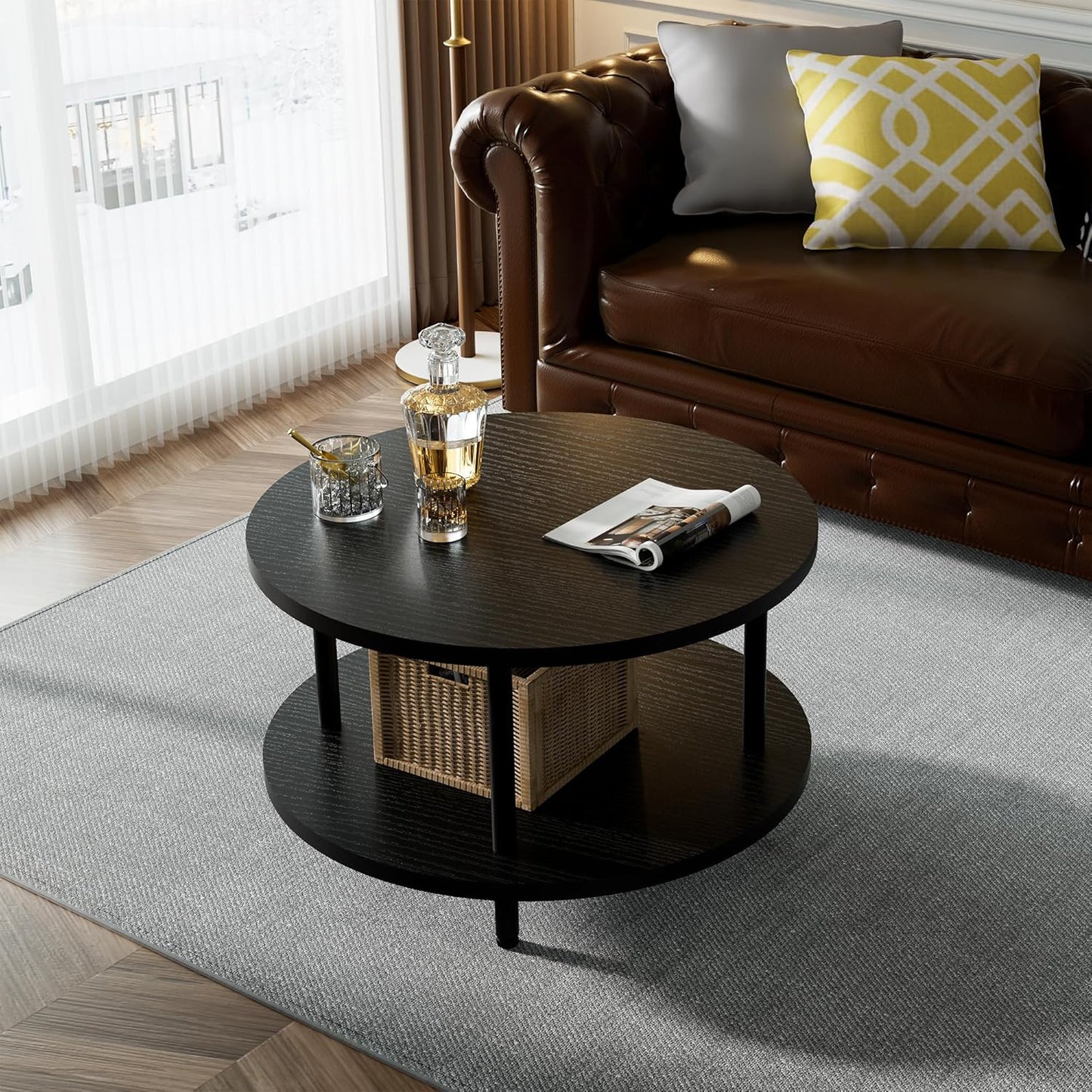 Round Coffee Table, 23.6" Circle Coffee Table for Living Room, 2-Tier Wood Accent Center Table with Open Storage Industrial Design Home Furniture, Black