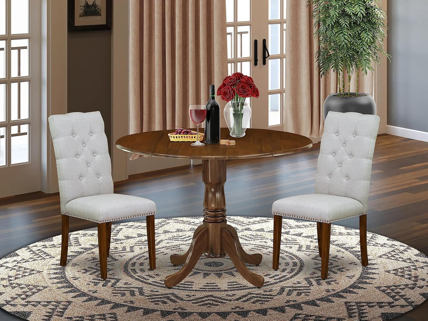 East West Furniture DLEL3-AWA-05 3 Piece Kitchen Table & Chairs Set Consist of a Round Dining Table with Dropleaf and 2 Upholstered Parson Chairs, 42x42 Inch, Antique Walnut