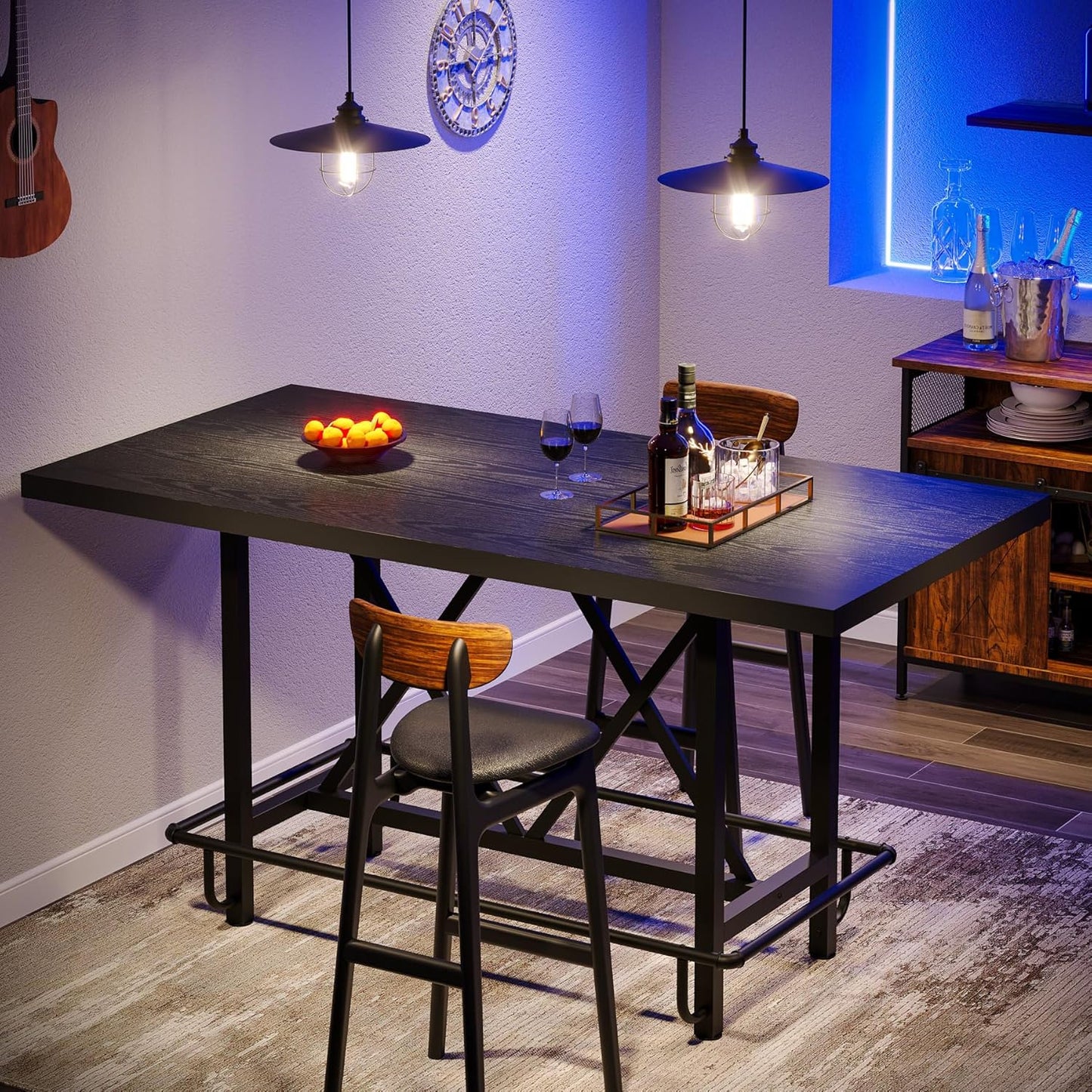 Tribesigns Bar Table, Industrial Counter Height Pub Table with Metal Footrest, 63-Inch Rectangle Wood Kitchen Dining Table with Sturdy Metal Frame for Dining Room, Home Bar (Black)