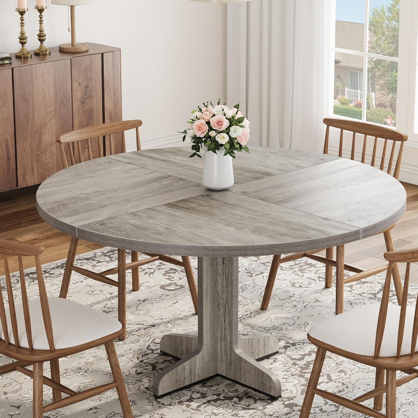 GarveeHome Round Dining Table for 4, 47 Inch Farmhouse Circle Kitchen Table with Wood Tabletop and Stable Base, for Home Dining Room Living Room, Grey (Only Table)