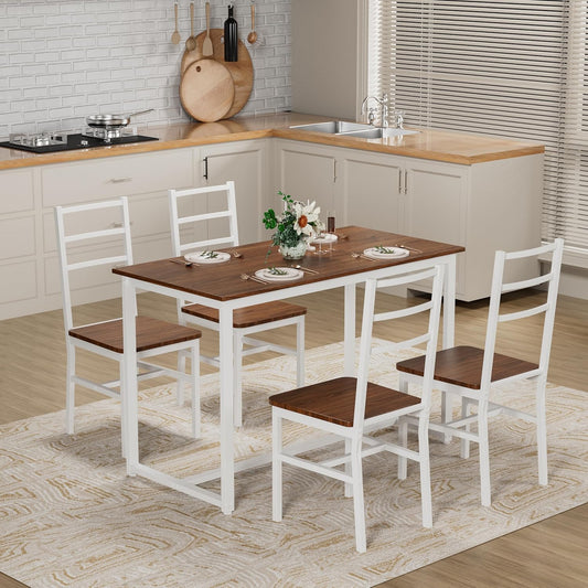 Ball & Cast Dining Table Set with Long Table and 4 Chairs,5-Piece Living Room Furniture W/ 47" Rectangle Kitchen Table,Living Room Furniture W/Backrest Chair,for Small Space,Brown+White