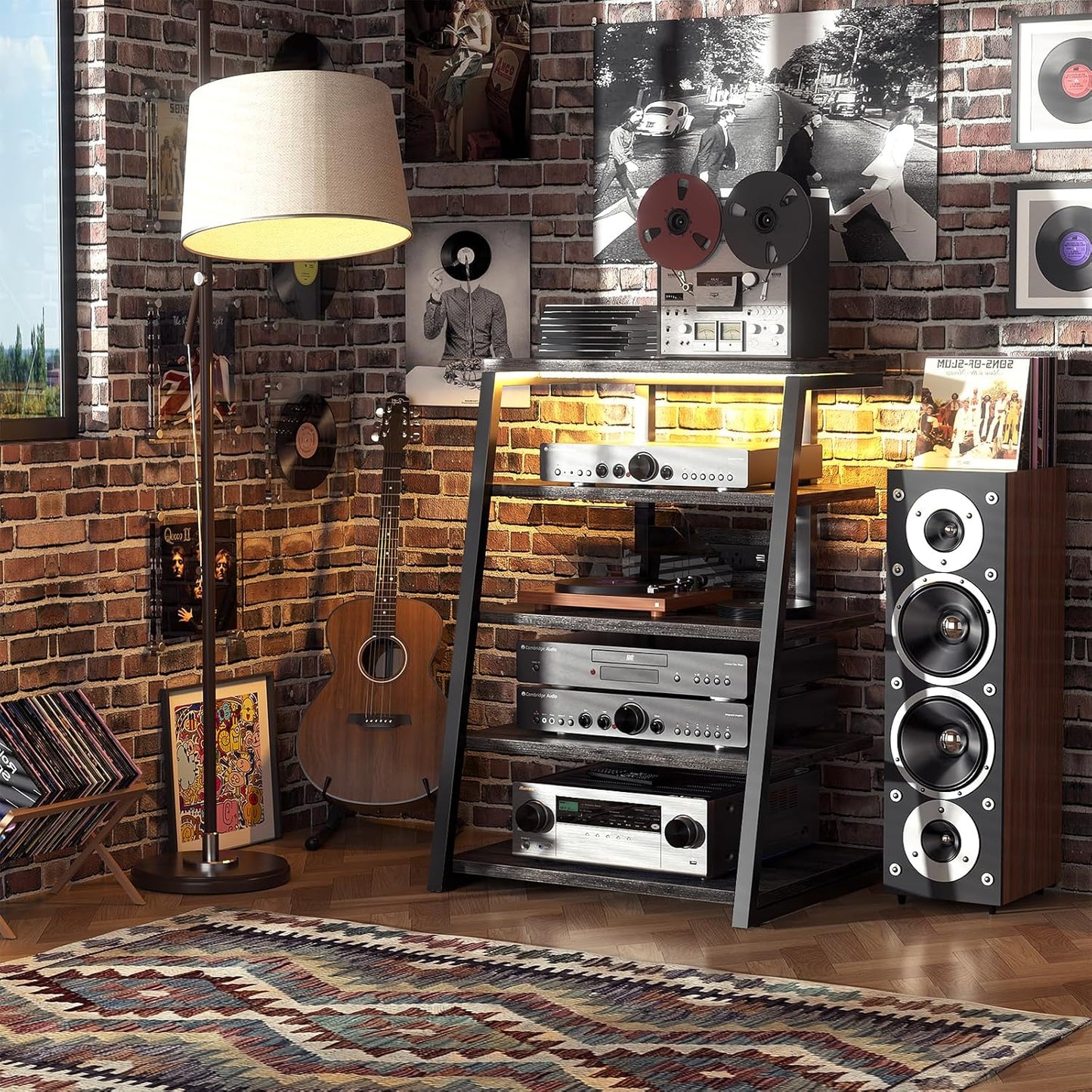 Armocity 5-Tier AV Media Stand with Power Strips, Media Console with LED Lights, Audio Tower Rack with Adjustable Shelves, Stereo Stands and Racks, 40.8'', Grey Oak