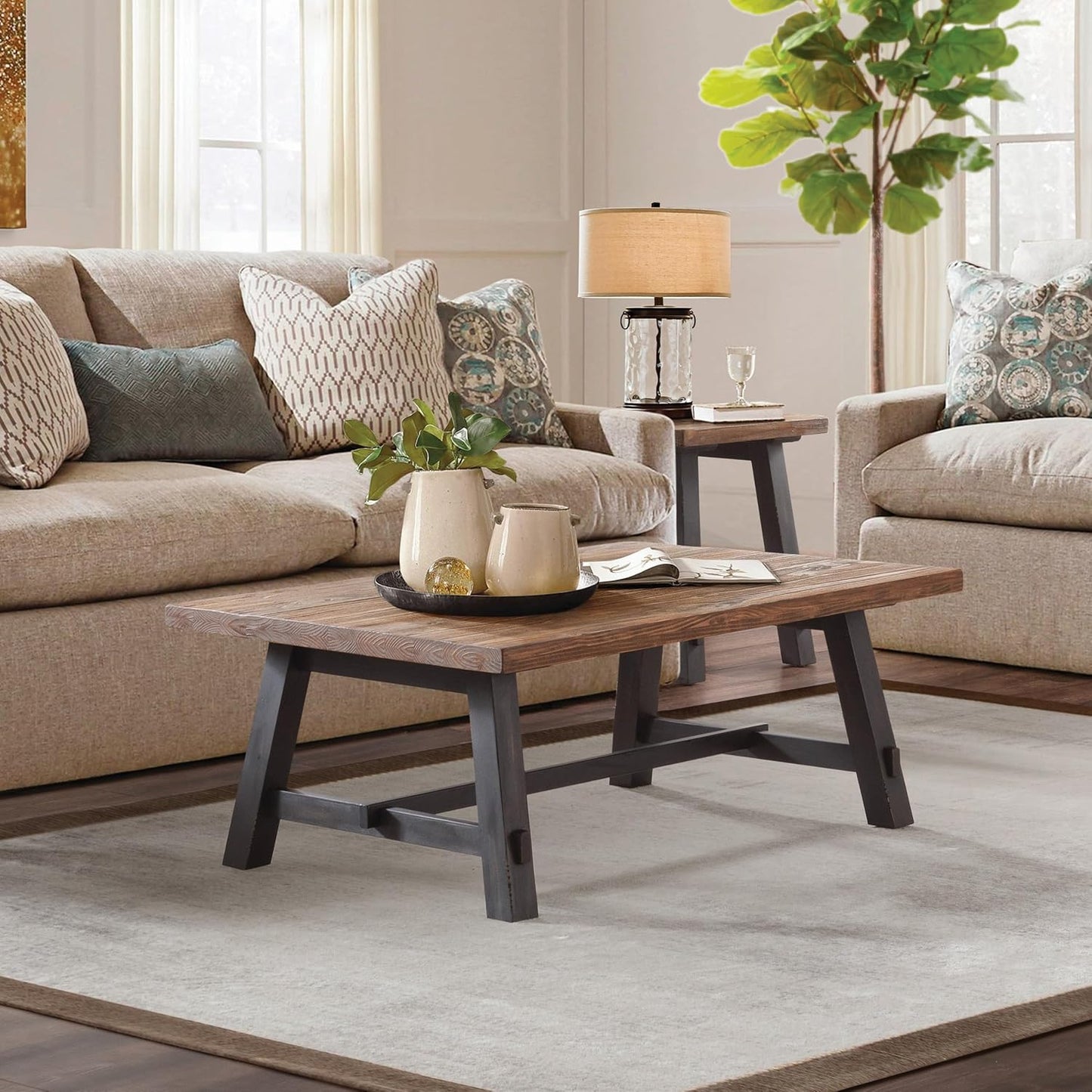 Alaterre Furniture Adam 48-Inch Solid Wood Coffee Table - Easy Assembly Rustic Industrial Design Accent Table with Natural Wood Grain for Living Room
