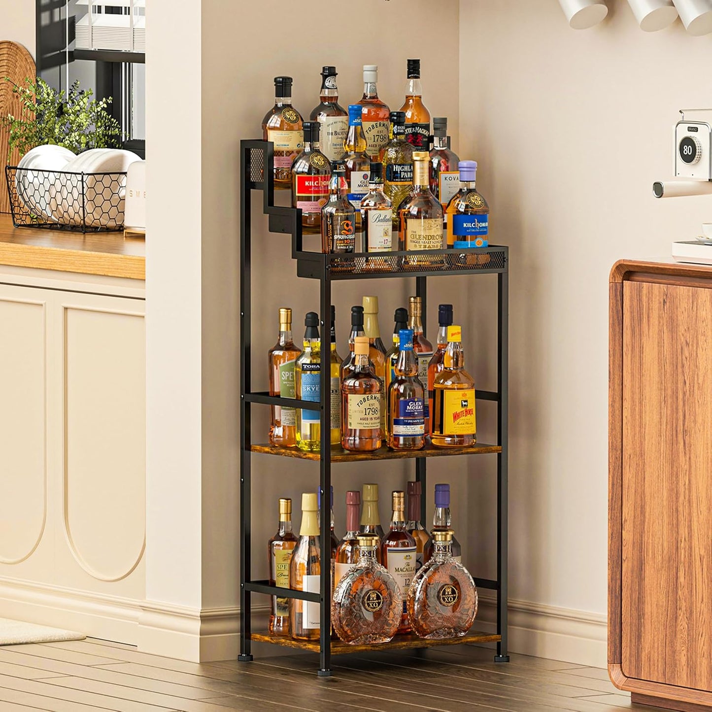 Trapezoidal Liquor Cabinet Bar for Home, Stepped Wine Rack Freestanding Floor, Corner Syrup & Whiskey Stand, Large-Capacity Alcohol Bottle Storage Display Shelf Living Room, Patent Pending
