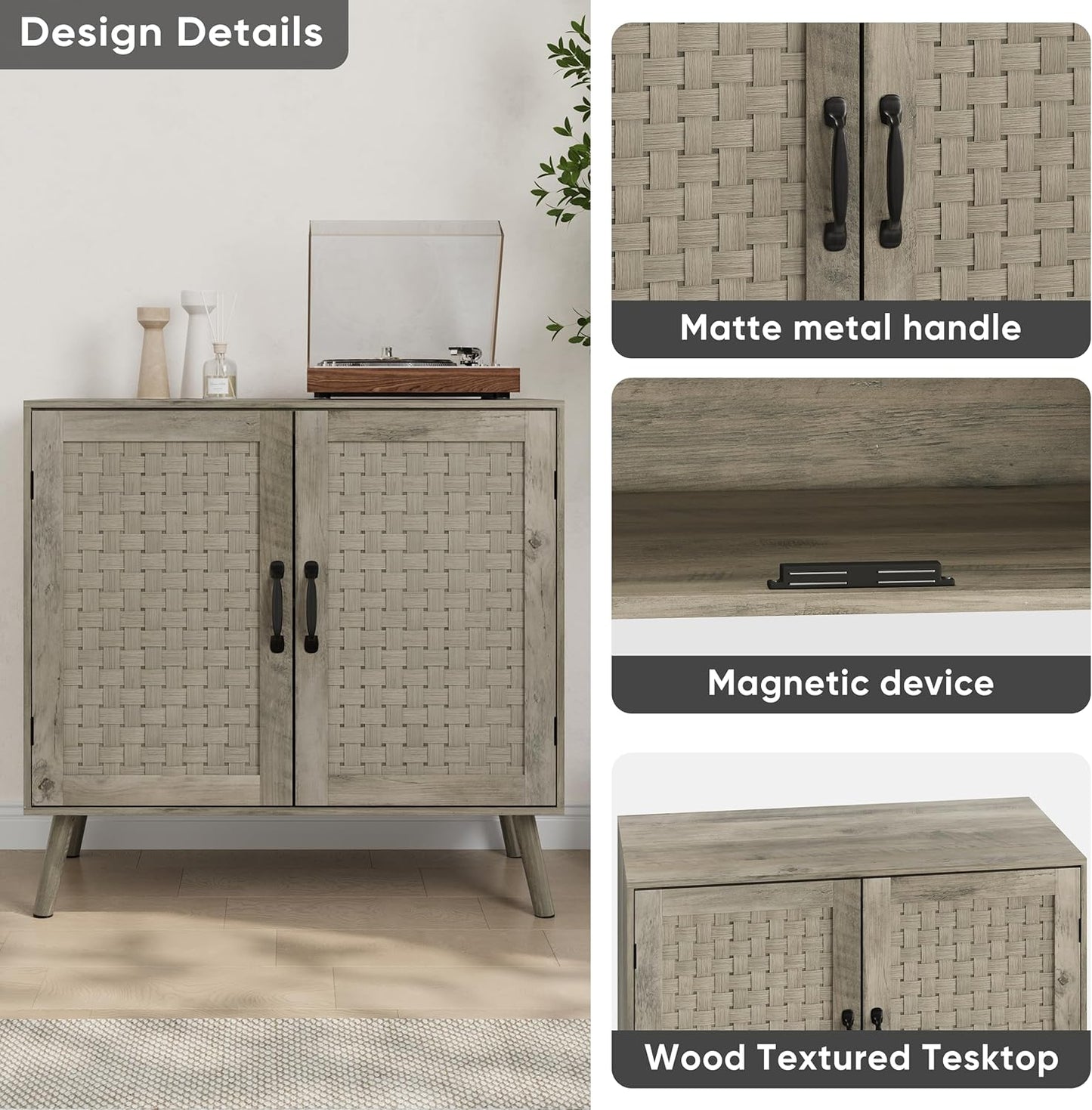Smuxee Wood Sideboard, Freestanding Buffet Cabinet with 2 PVC Rattan Doors, Storage Cabinet with Adjustable Shelf for Living Room, Entryway, Hallway