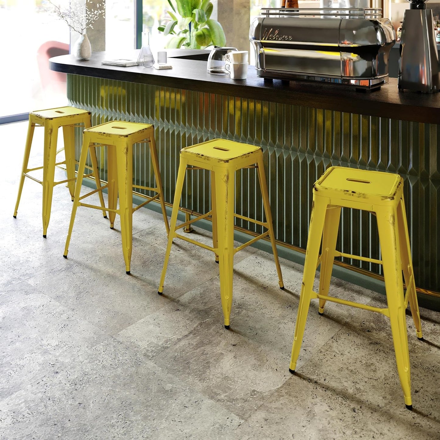 Flash Furniture Kai Commercial Grade 30" High Backless Distressed Yellow Metal Indoor-Outdoor Barstool