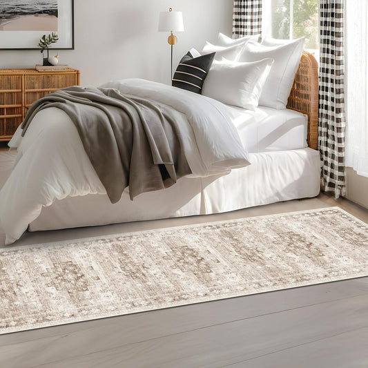Boho 2x7 Long Runner, Neutral Farmhouse Bedside Rug, Small Throw Runners for Bedroom Hallway Bathroom Kitchen, Vintage Floral Decor & Non-Slip Low-Pile Washable Stain Resistant Beige Latte Rug