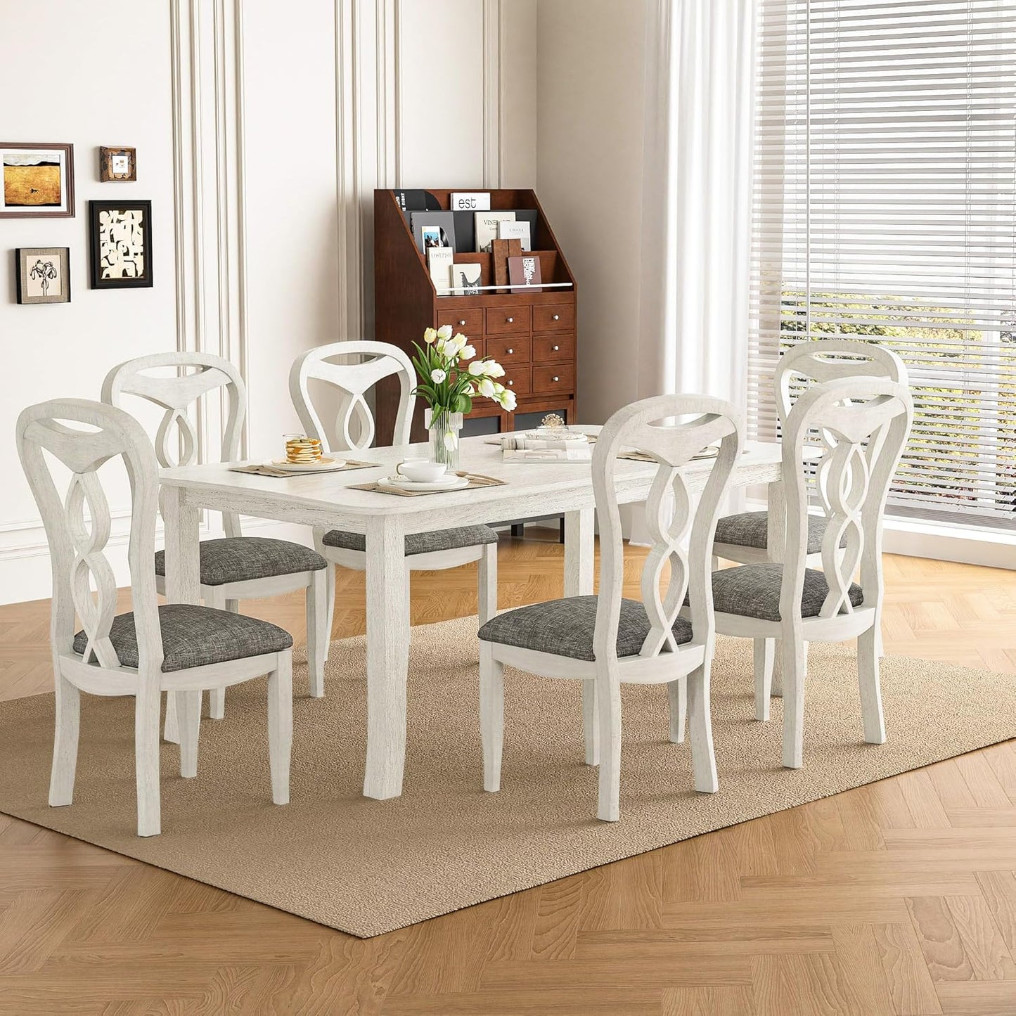 Solid Wood Dining Chair Set of 6, Kitchen Dining Room Chair with Upholstered Cushion & Wooden Legs, Modern Wood Side Chairs for for Kitchen, Washed Gray