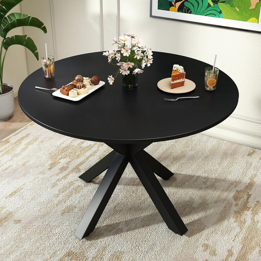 Round Dining Table, 42" Kitchen Dining Table for 4-6, Small Round Table with Metal Cross Legs, Modern Round Dining Room Table for Kitchen, Apartment, Living Room, Black