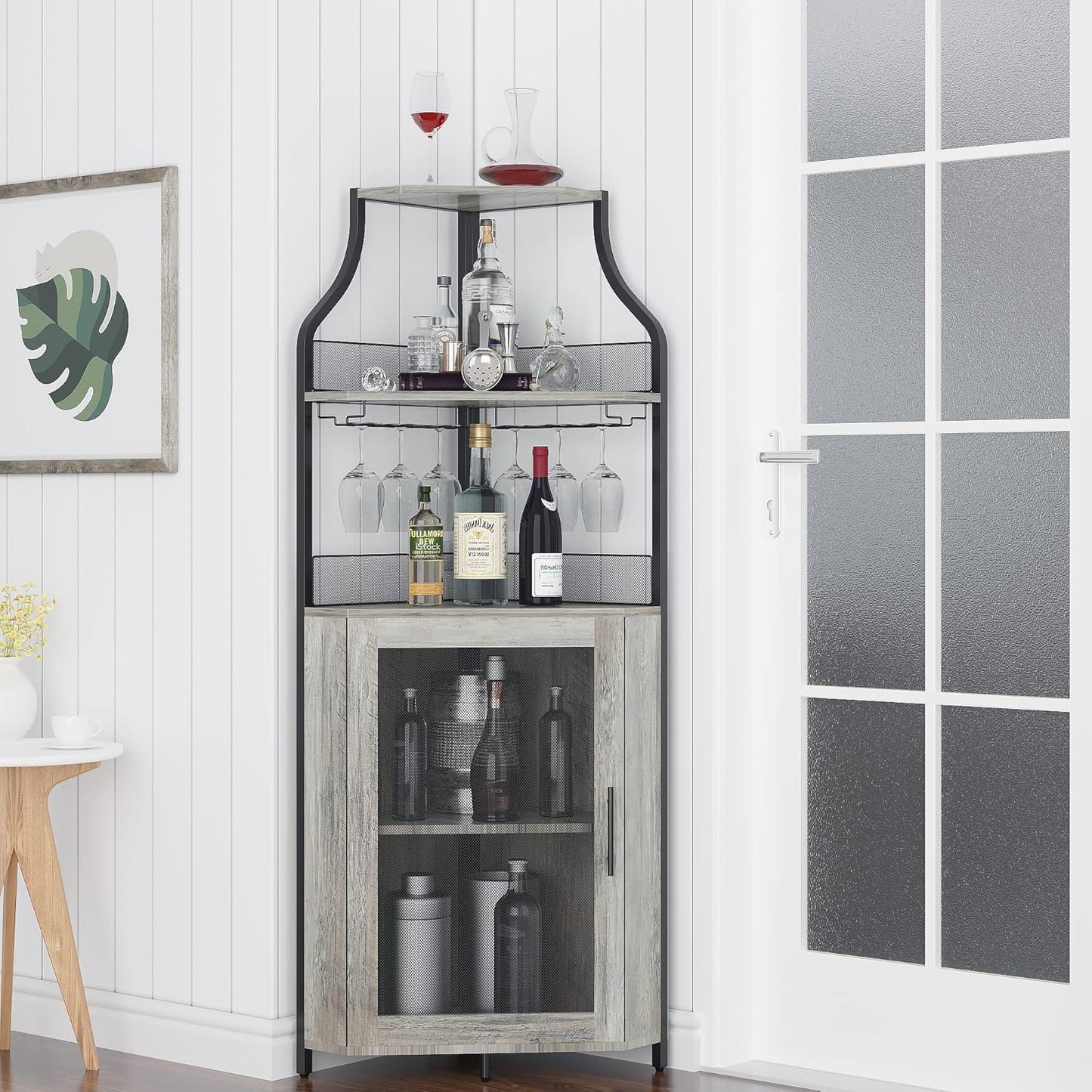 GAOMON Corner Wine Cabinet with Removable Wine Rack, Wine Bar Cabinet with Barn Door and Adjustable Shelves, Industrial Wine Cabinet for Dining Room, Living Room,Kitchen (Grey)
