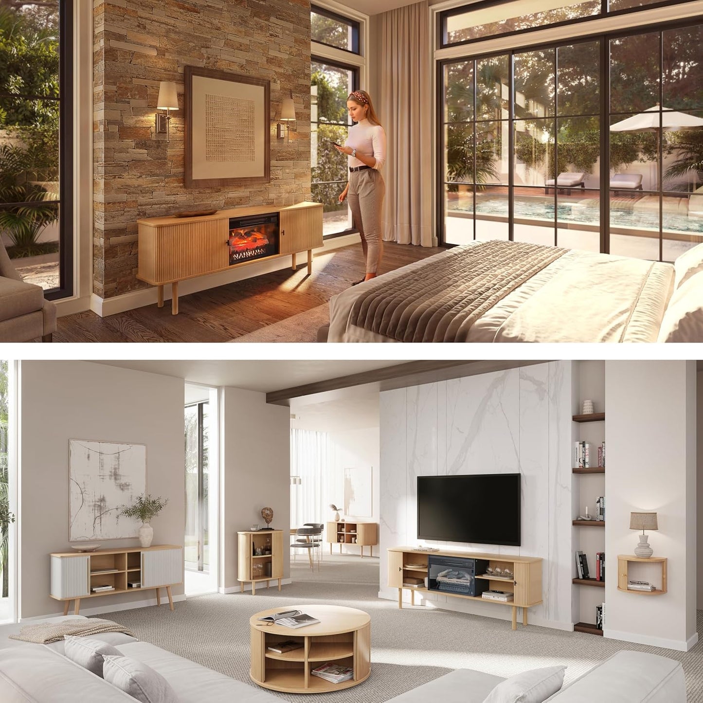 WERMO 71'' Electric Fireplace TV Stand for Living Room with Heater, Storage and Shelves Designed to fit 65’’ - 75’’ TVs. TV Entertainment Center with Fireplace, Wood TV Stand Fireplace Console (Oak)