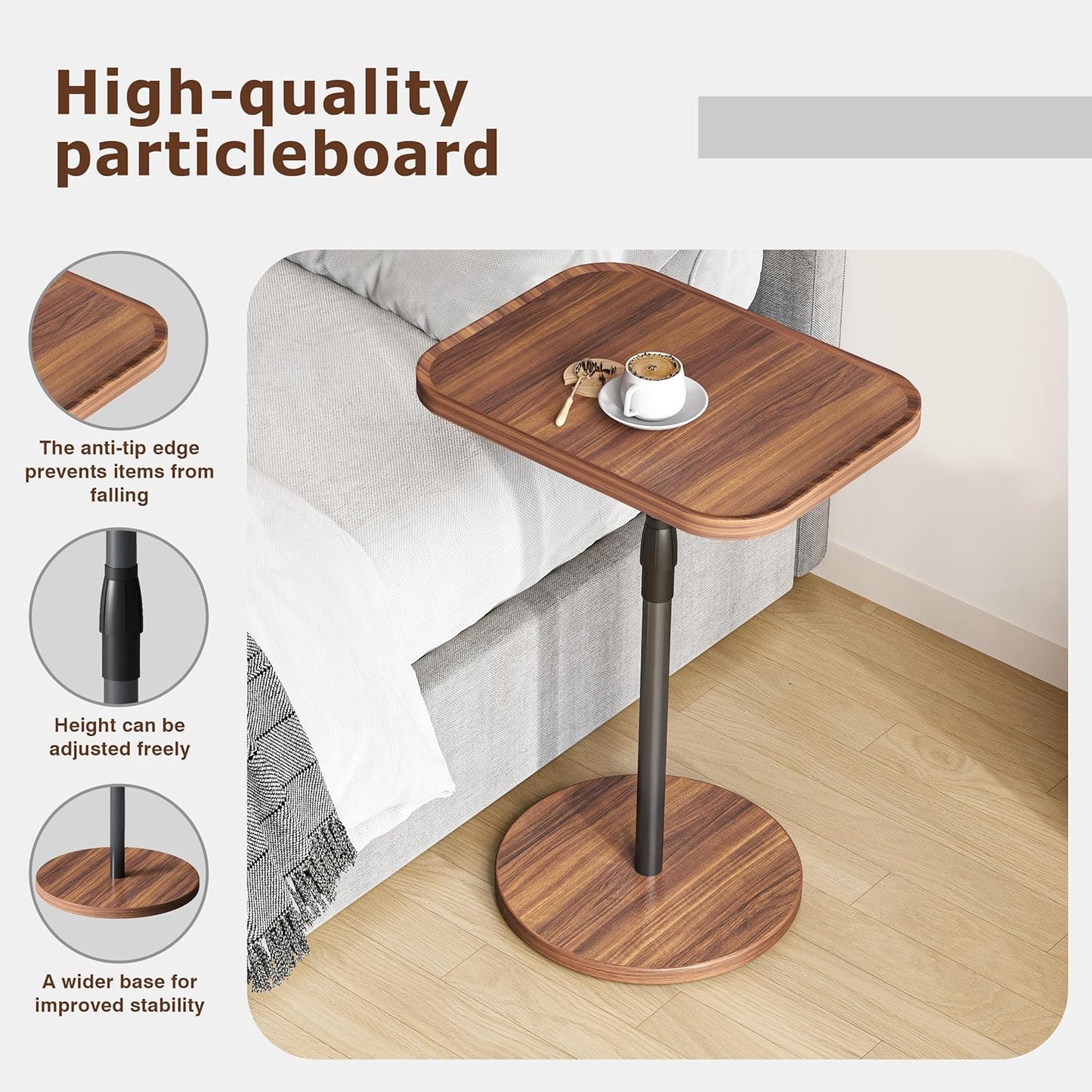 Adjustable End Table, Small Tray Side Table, Drink Table for Small Spaces, Pedestal Nightstand for Living Room, Bedroom, Sofa Couch, Rustic Brown ET-009BR