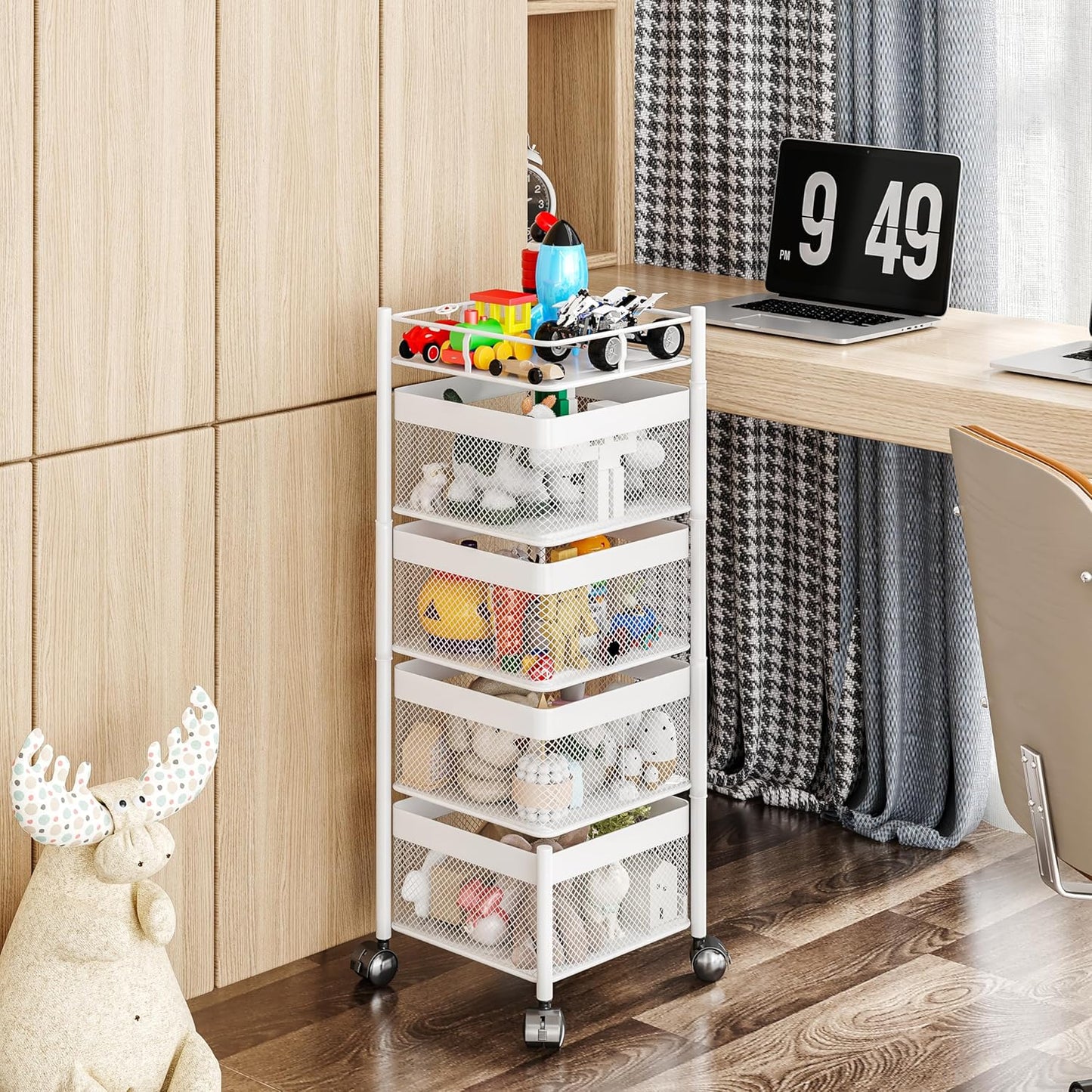 Rotating Kitchen Storage Rack,Fruit and Vegetable Basket Cart,Bathroom Shelf,Kitchen Organization and Storage Rack,Rolling Carts on Wheels(White, 4 Tier-Square)