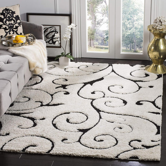 SAFAVIEH Florida Shag Collection Accent Rug - 3'3" x 5'3", Ivory & Black, Scroll, Non-Shedding & Easy Care, 1.2-inch Thick Ideal for High Traffic Areas in Entryway, Living Room, Bedroom (SG455-1290)