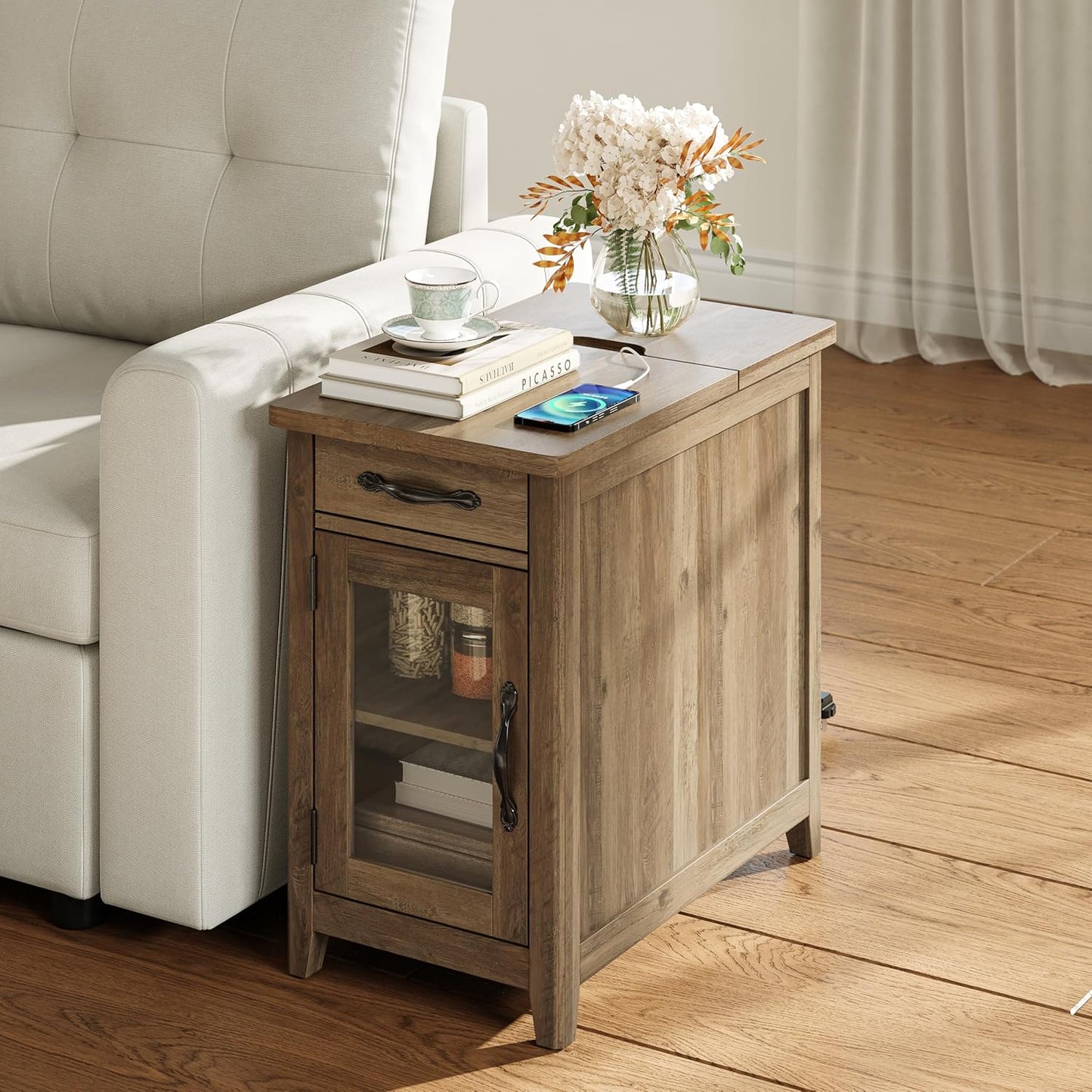 LINSY HOME End Table Set of 2 with Charging Station, Modern Farmhouse Sofa Couch Side Table, Wooden Bedside Table for Living Room, Nightstand with Storage Cabinet for Small Space, Brown, Glass Door