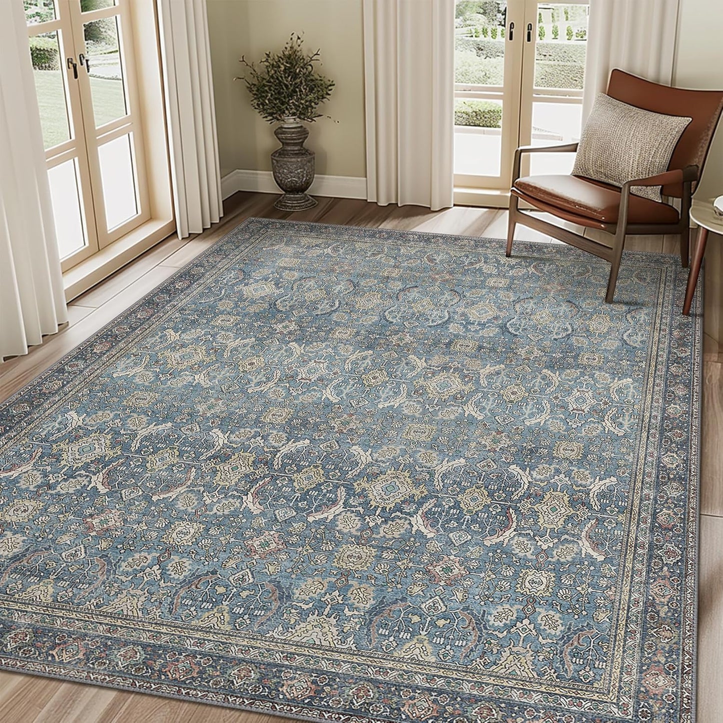 9X12 Area Rugs Machine Washable Rugs for Living Room, Vintage Boho Large Rugs for Bedroom Dining Room, Non Slip Indoor Soft Distressed Lightweight Thin Low Pile Carpet, Vintage Blue