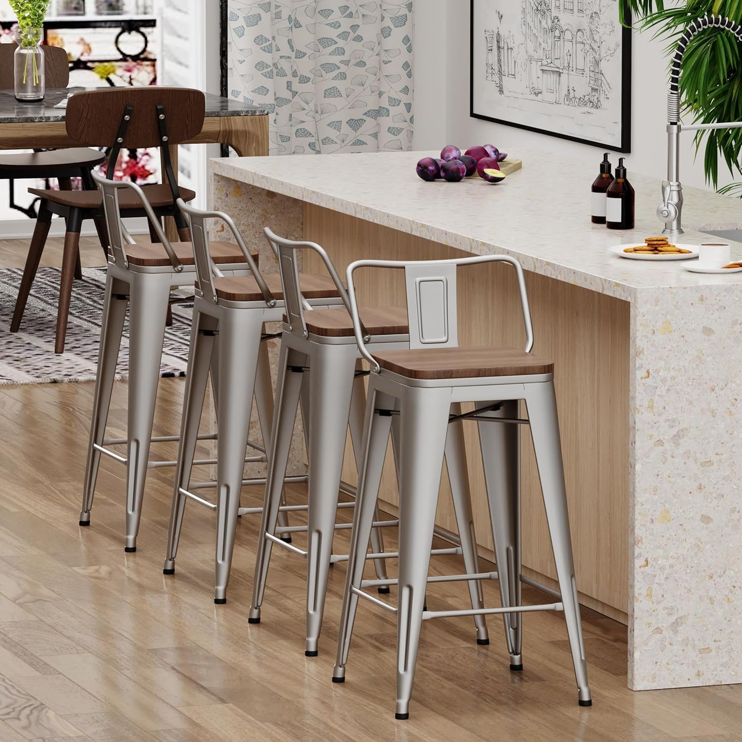 Yongchuang 30 inch Bar Stools Set of 4 Bar Height Metal Barstools with Wood Seat Low Back Kitchen Bar Chairs Silver
