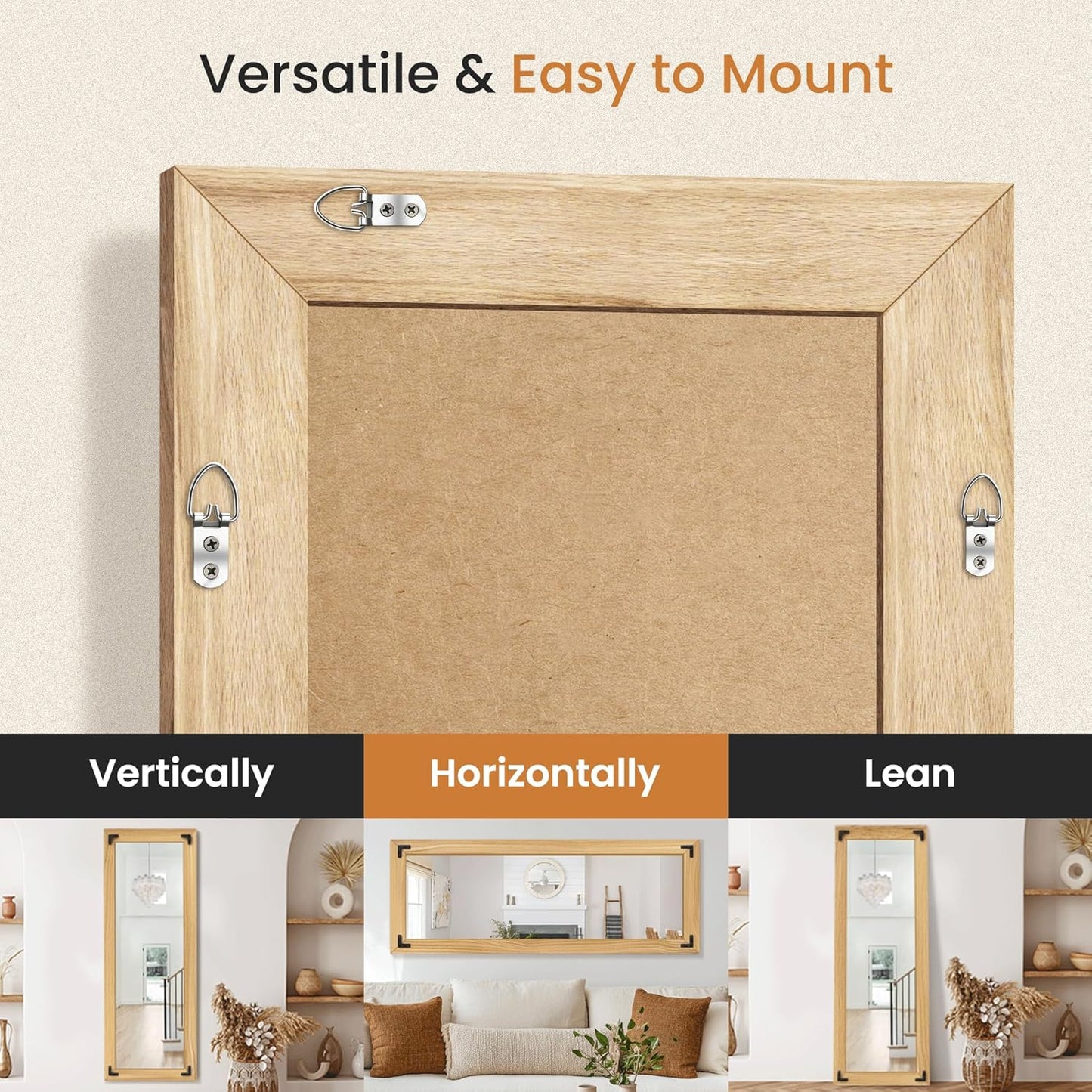 Full Length Mirror with Wooden Frame, 65"X24" Solid Wood Standing Floor Mirror for Farmhouse, Bathroom, Bedroom, Hanging or Leaning Wall-Mounted(Natural)