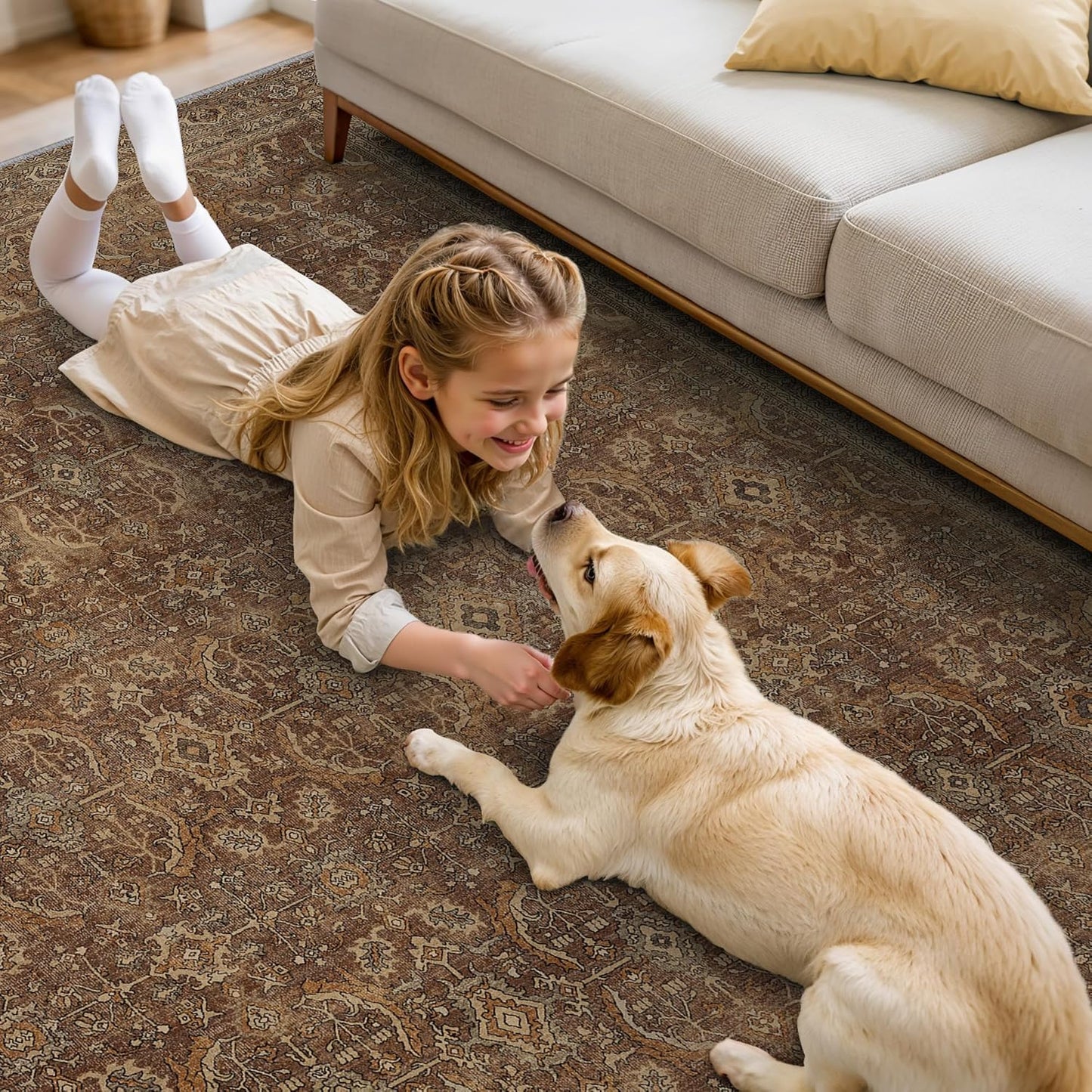 9X12 Area Rugs Machine Washable Rugs for Living Room, Vintage Boho Large Rugs for Bedroom Dining Room, Non Slip Indoor Soft Distressed Lightweight Thin Low Pile Carpet, Rustic Brown