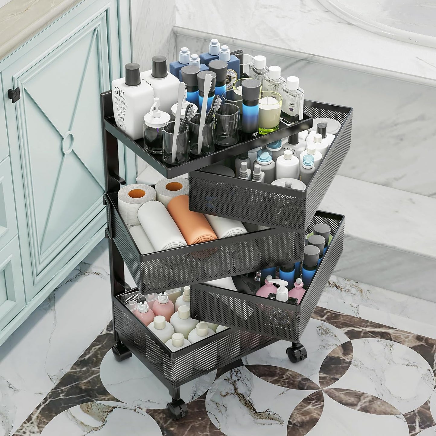 Bathroom Rotating Storage Cart No Assembly Required 4-Tier Metal Sturdy Fruit Basket for Kitchen, Rolling Vegetable Storage Rack,Bathroom Shelf,Storage Drawer Cart (Black, 4 Tier-Square)