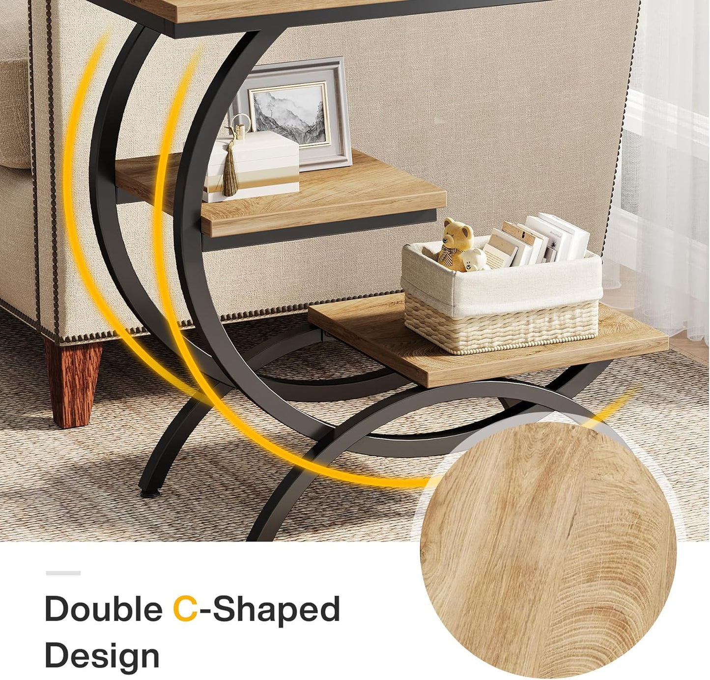 Tribesigns C-Shaped End Table, Industrial 3-Tier Small Side Table for Couch, Wood Bedside Table Snack Side Table with Storage Shelves for Living Room Small Space, Light Brown