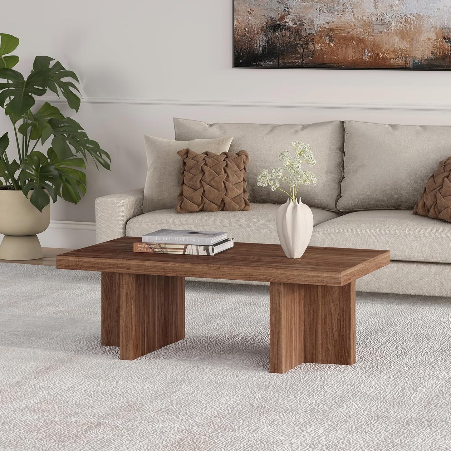 Henn&Hart 44" Rectangular Low-Profile Wood Coffee Table with Sled Base for Living Room, Family Room, or Office, Satin Walnut