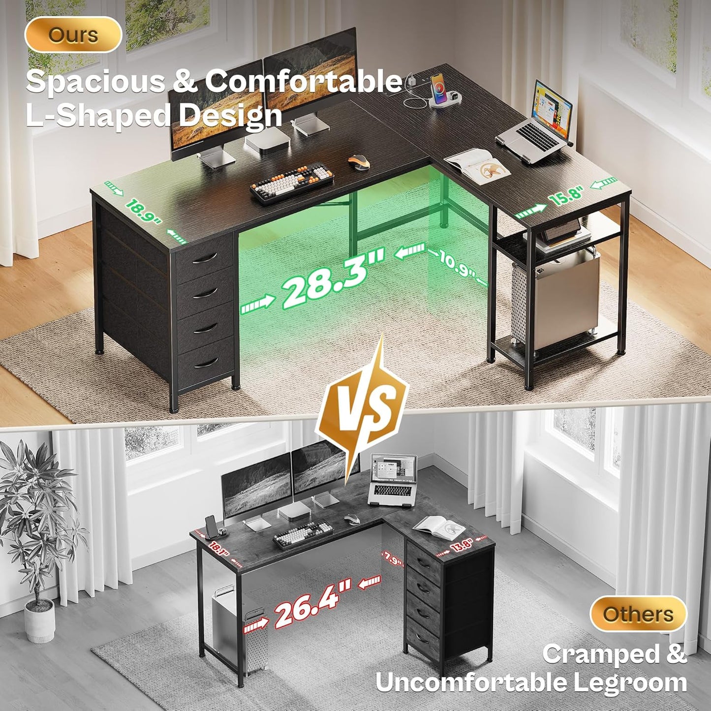 Huuger 55 Inch L Shaped Desk with Fabric Drawers, Reversible Computer Gaming Desk with Power Outlets and USB-C Port, Adjustable Side Storage Shelves, for Work Study Corner Home Office, Black