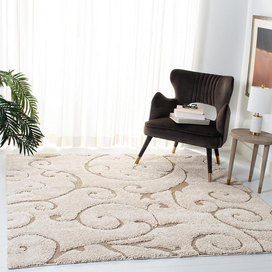 SAFAVIEH Florida Shag Collection Area Rug - 6'7" Square, Cream & Beige, Scroll Design, Non-Shedding & Easy Care, 1.2-inch Thick Ideal for High Traffic Areas in Living Room, Bedroom (SG455-1113)