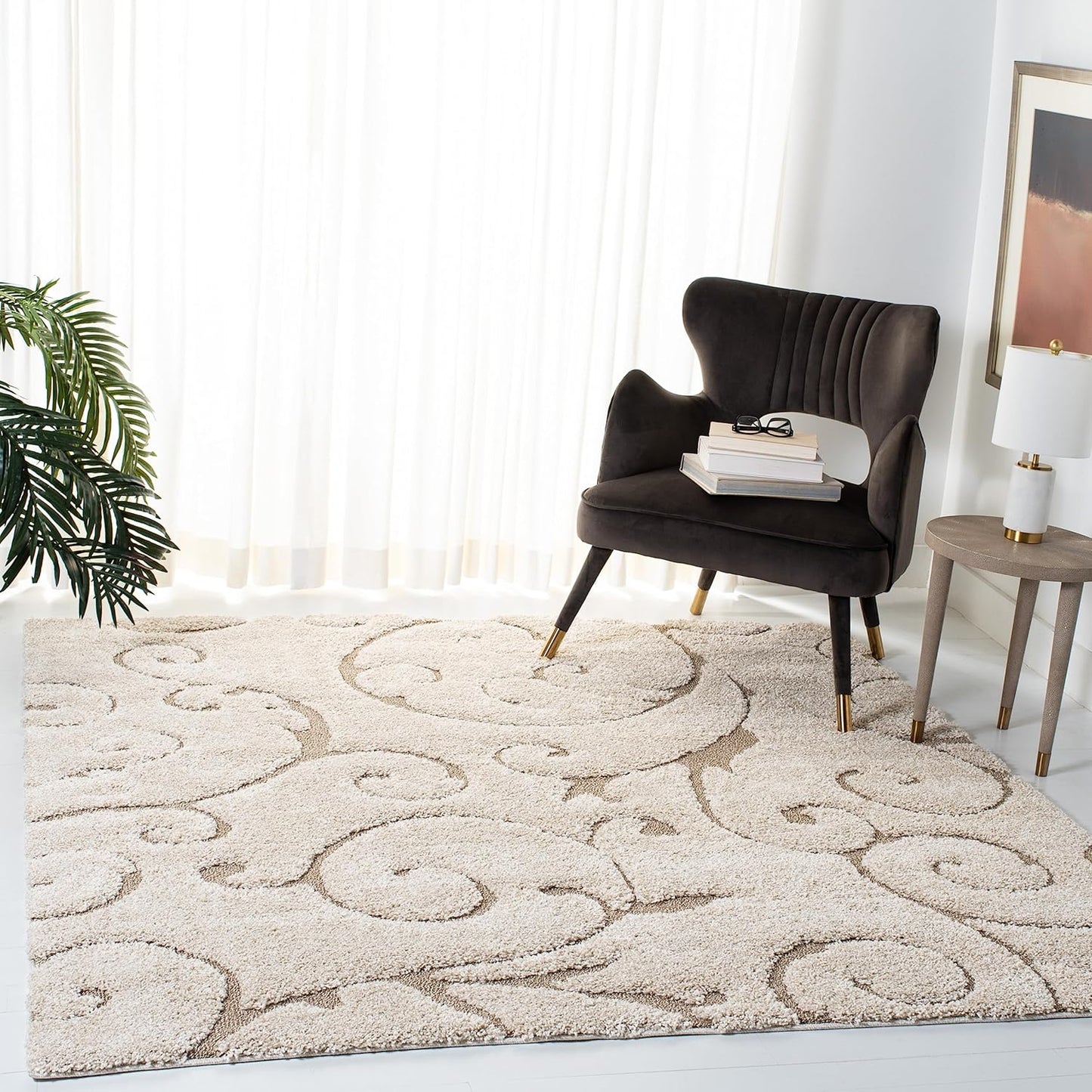 SAFAVIEH Florida Shag Collection Area Rug - 11' Square, Cream & Beige, Scroll Design, Non-Shedding & Easy Care, 1.2-inch Thick Ideal for High Traffic Areas in Living Room, Bedroom (SG455-1113)