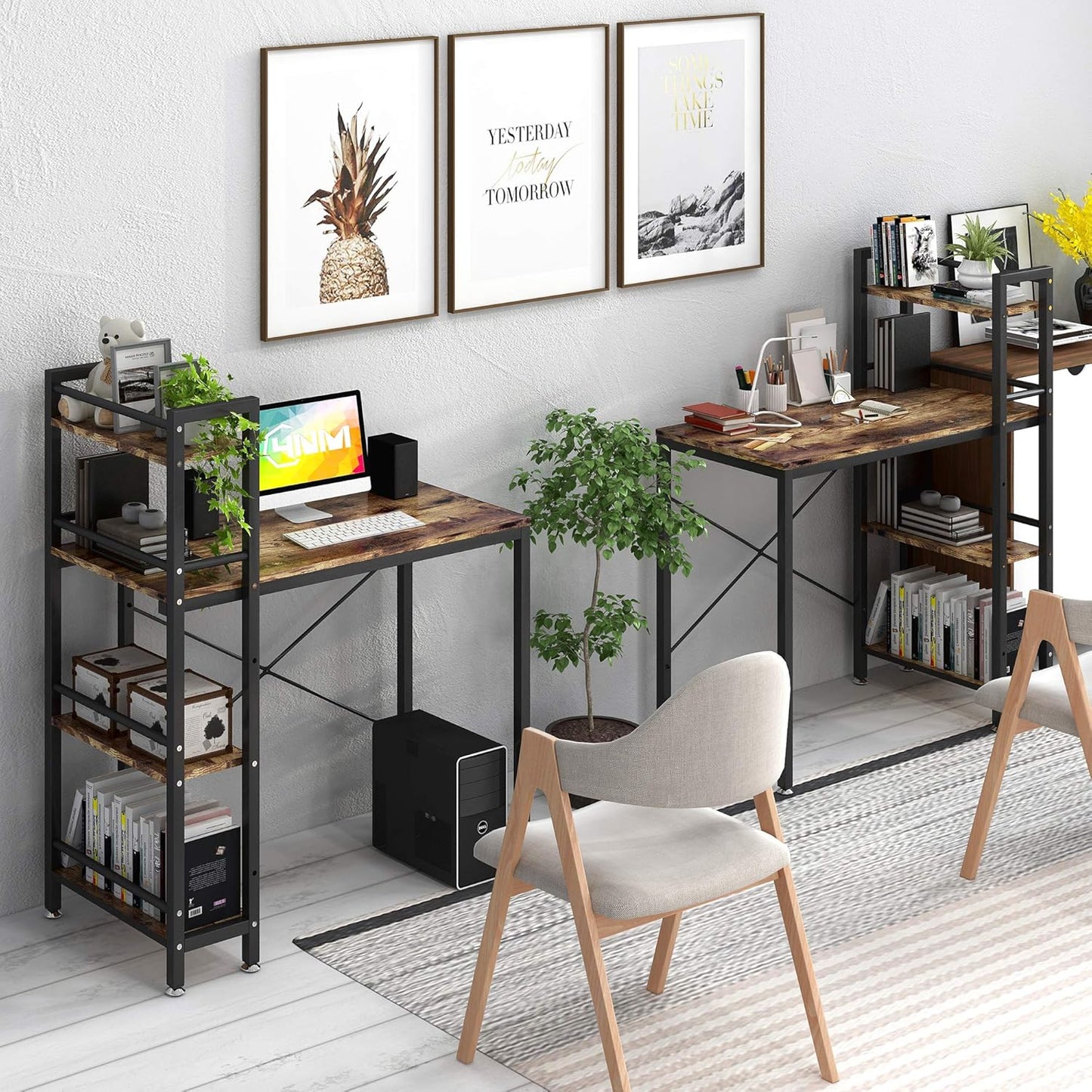 4NM 35" Small Computer Desk with 4-Tier Bookshelf, Home Office Desk Writing Workstation Study Table Multipurpose for Small Space Work - Rustic Brown and Black