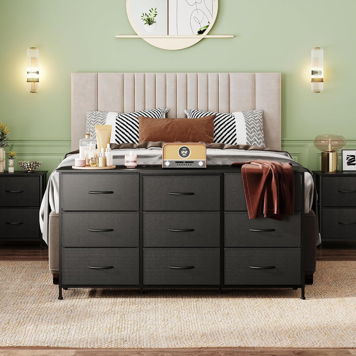 WLIVE 54''W Dresser for Bedroom, Black Dresser TV Stand for 55, 60, 65 inch TV, Wide Chest of Drawers with 9 Drawer, Large Entertainment Center, Fabric Dressers with Wood Top for Closet, Living Room