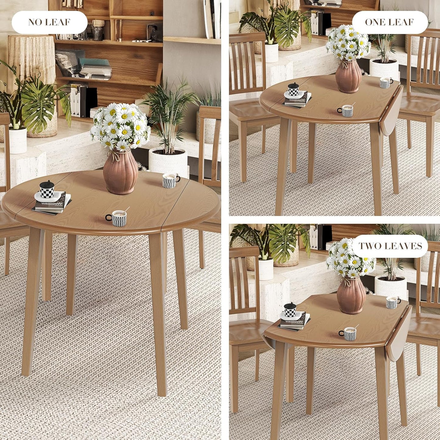 COLAMY 3-Piece Extendable Dining Table Set for 2, 36" Kitchen Round Wood Table with 2 Tufted Dining Room Chairs,Light Brown/Light Grey