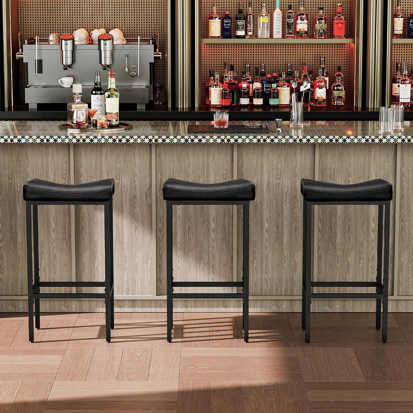 HOOBRO Bar Stools,Set of 3 Bar Chairs, Counter Height Bar Stools, Saddle Stools, Set of 3 Kitchen Stools, 24.8" Barstools, 2.4" Thick Upholstery, for Kitchen, Dining Room, Cafe, Black BB10BYP301